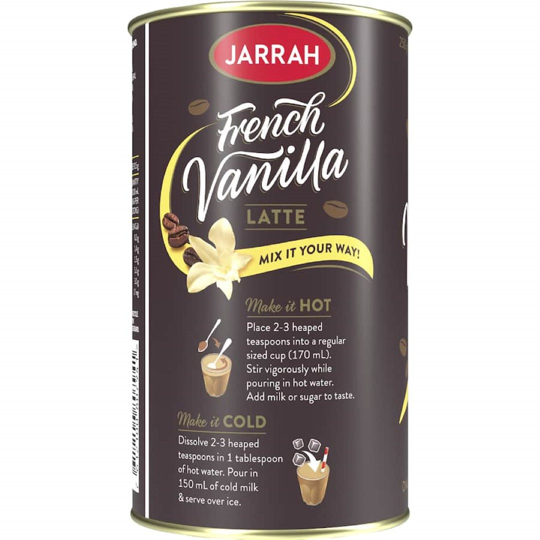 Jarrah Coffee Mix French Vanilla: Instant, creamy coffee with rich vanilla flavor, 98% fat-free, no sugar or milk required.