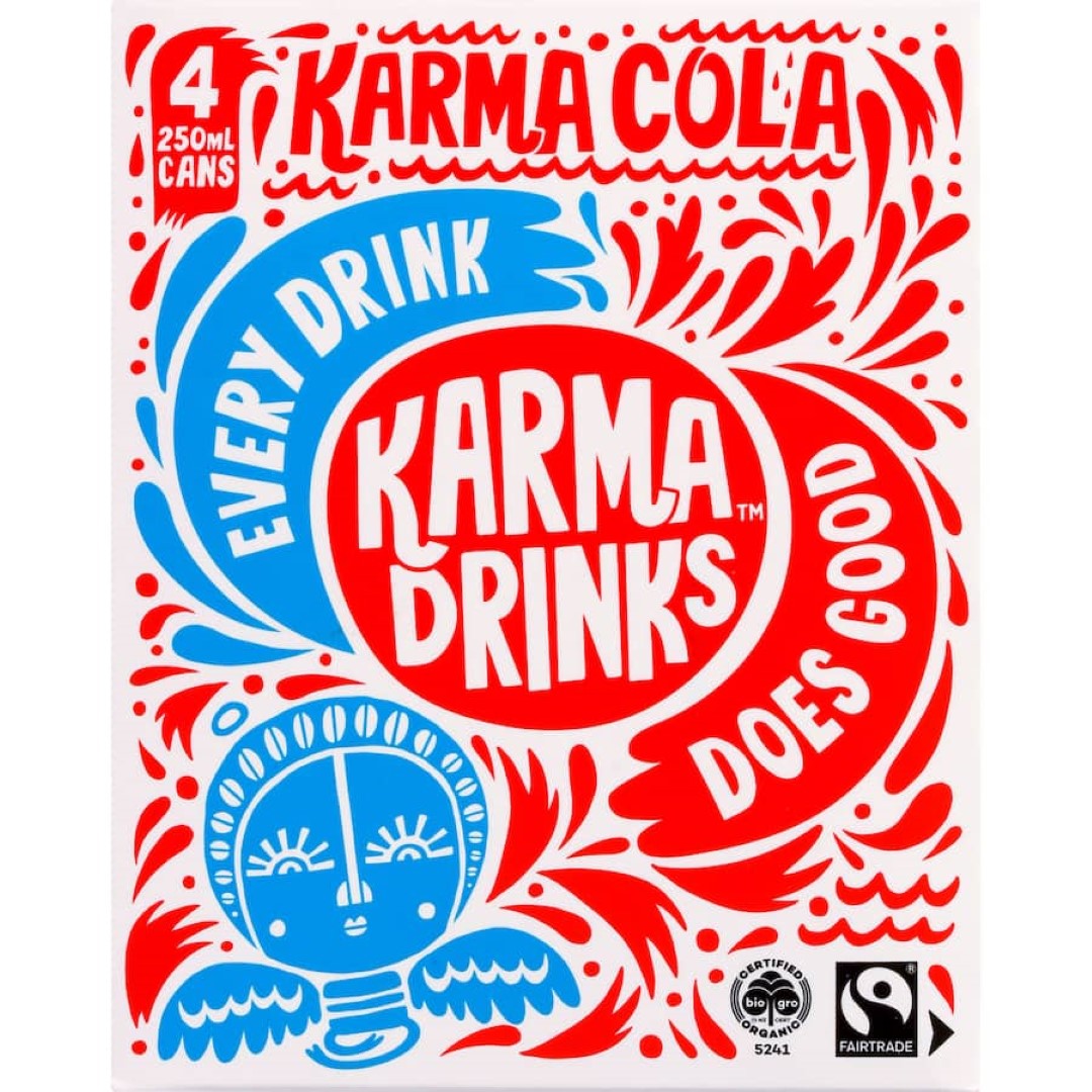 Karma Cola soft drink with natural ingredients, Fairtrade sugar, and unique flavors for a refreshing, guilt-free experience.