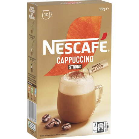 Nescafe Cafe Menu Coffee Sachets pack featuring 10 strong cappuccino sachets for a creamy, café-style coffee experience.