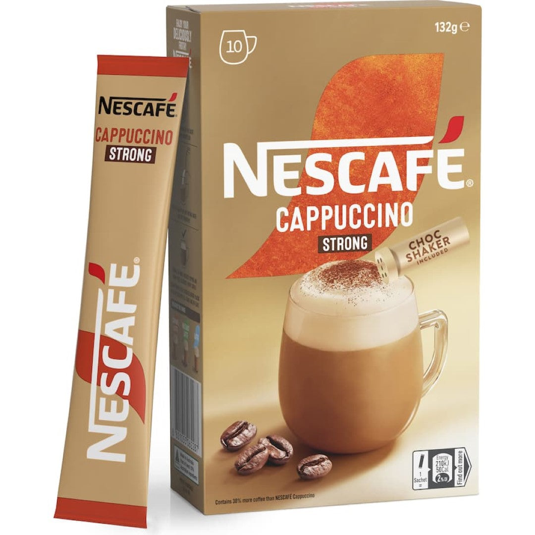 Nescafe Cafe Menu Cappuccino sachets pack, delivering bold, creamy coffee flavor for cafe-style enjoyment at home.