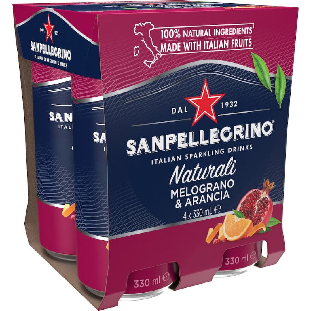 San Pellegrino Melograno & Arancia drink features a blend of pomegranate and orange flavors in a stylish, recyclable bottle.