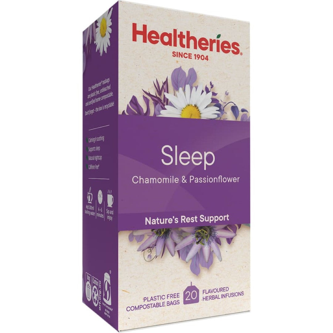 Healtheries Sleep Herbal Tea with Chamomile & Passionflower, a soothing blend to promote restful sleep and relaxation.