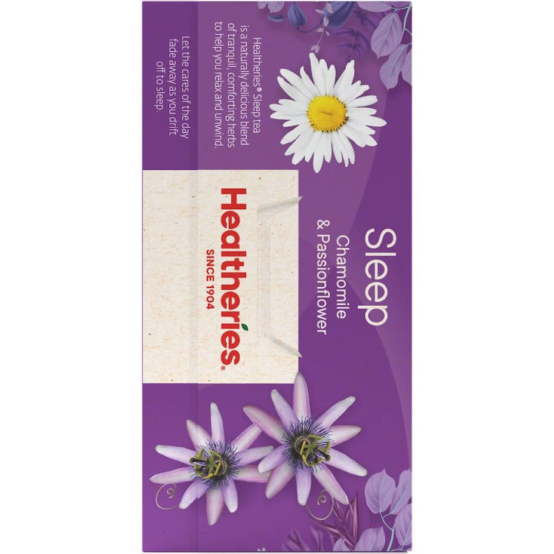 A calming cup of Healtheries Sleep Herbal Tea with chamomile and passionflower for restful sleep and relaxation.