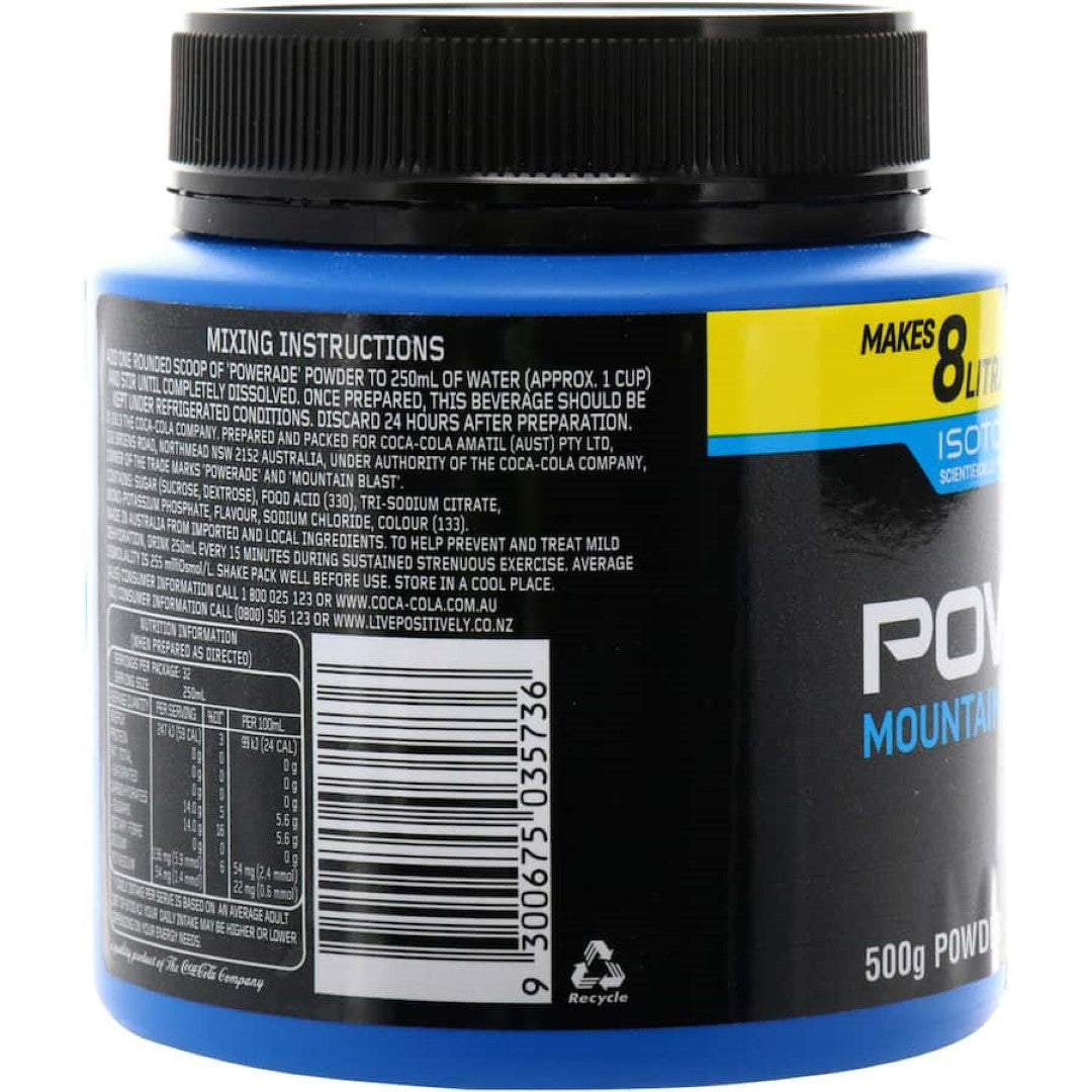 Powerade Isotonic Powder in Mountain Blast flavor, designed for superior hydration with essential electrolytes and energy for athletes.