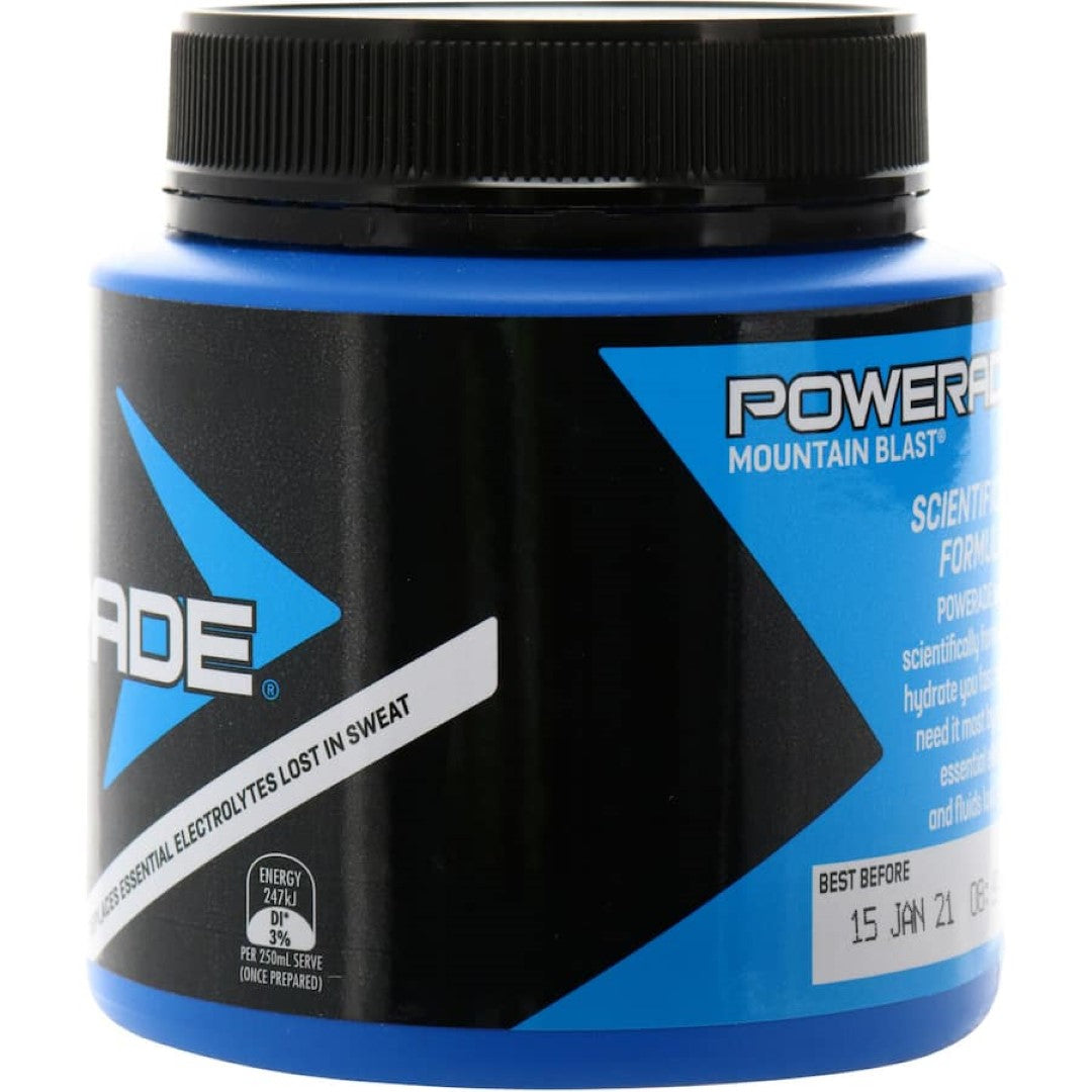 Powerade Isotonic Powder in Mountain Blast flavor, designed for superior hydration and energy for athletes and active individuals.