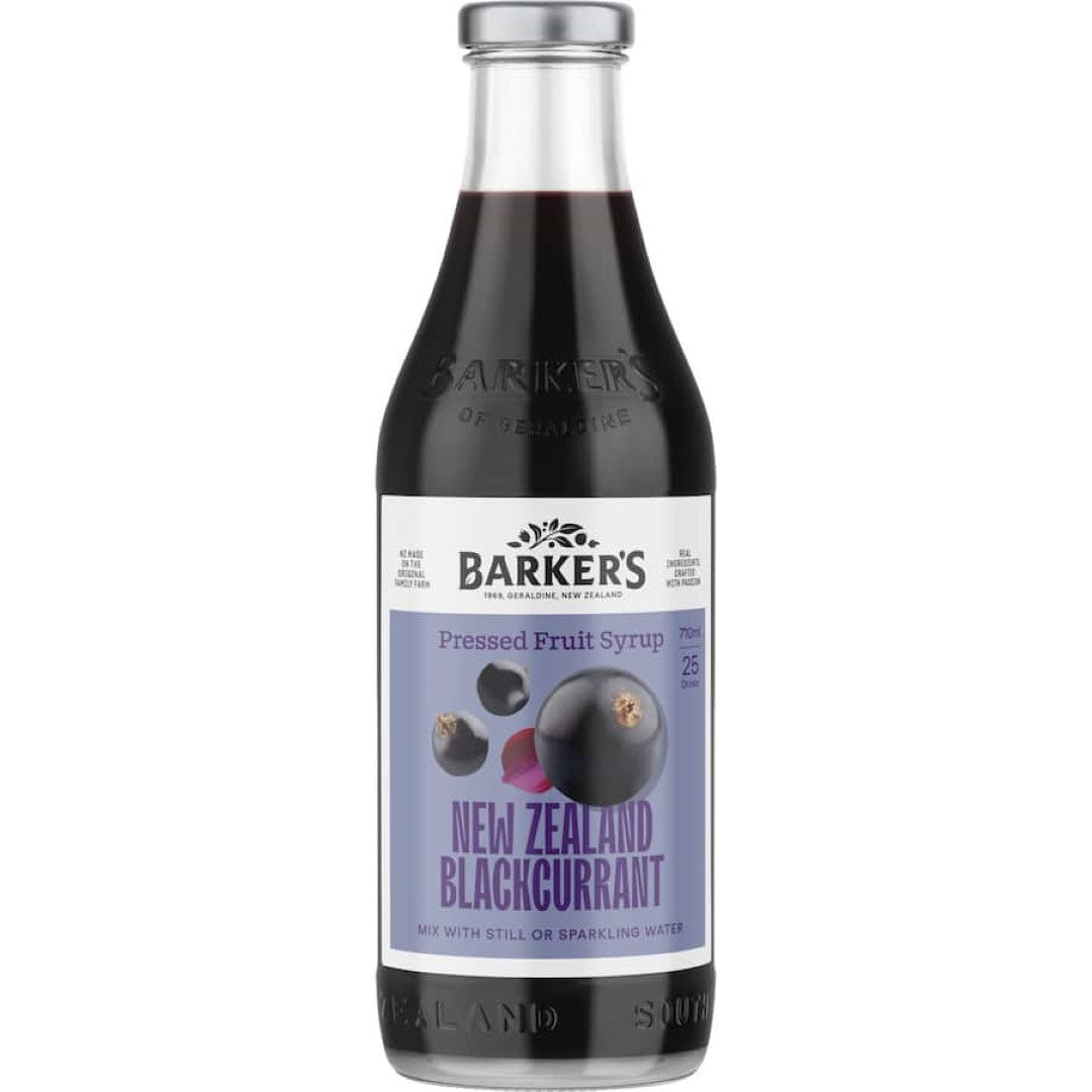 Bottle of Barkers Fruit Syrup NZ Blackcurrant, made from 700+ Canterbury blackcurrants, high in vitamin C and antioxidants.