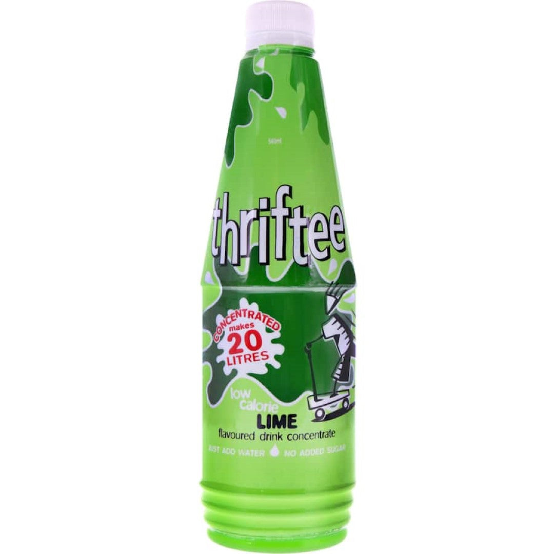 Thriftee Jamaican Lime Cordial concentrate, a sugar-free drink base making over 20 liters of refreshing citrus beverages.