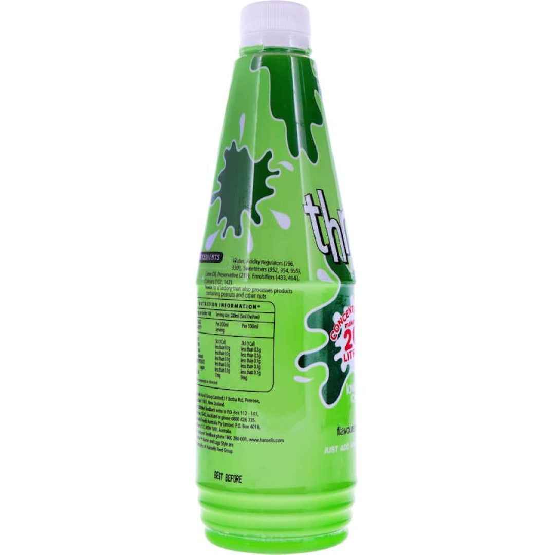 A bottle of Thriftee Concentrate Jamaican Lime Cordial, a sugar-free drink base for over 20 liters of tropical beverages.