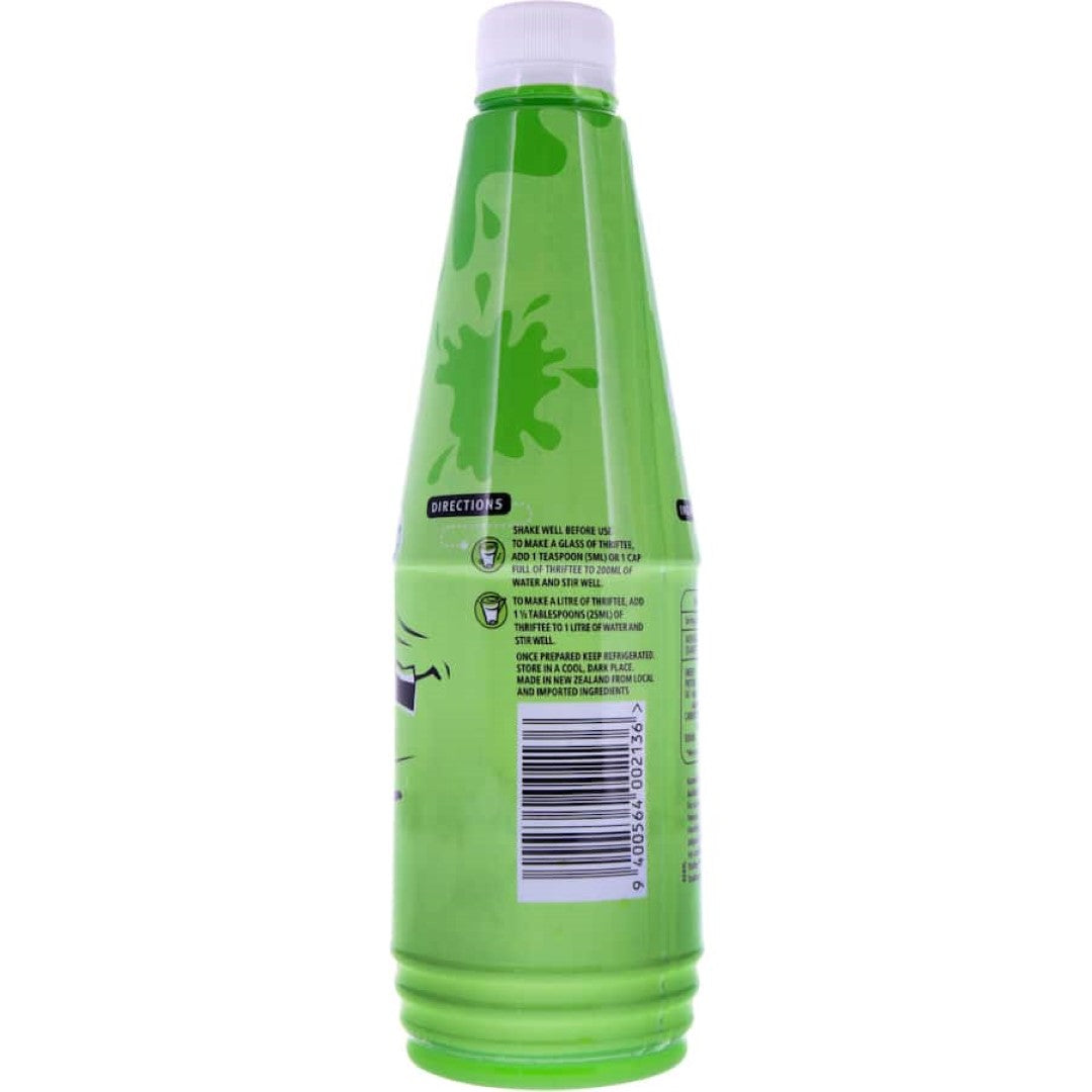 Bottle of Thriftee Concentrate Jamaican Lime Cordial, a sugar-free drink base for making refreshing beverages.