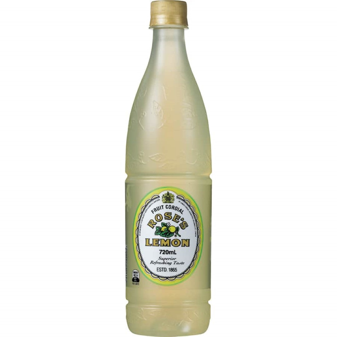 Bottle of Roses Concentrate Lemon Cordial featuring fresh lemon juice and rose extracts for a refreshing beverage experience.