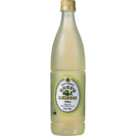 Bottle of Roses Concentrate Lemon Cordial featuring fresh lemon juice and rose extracts for a refreshing beverage experience.