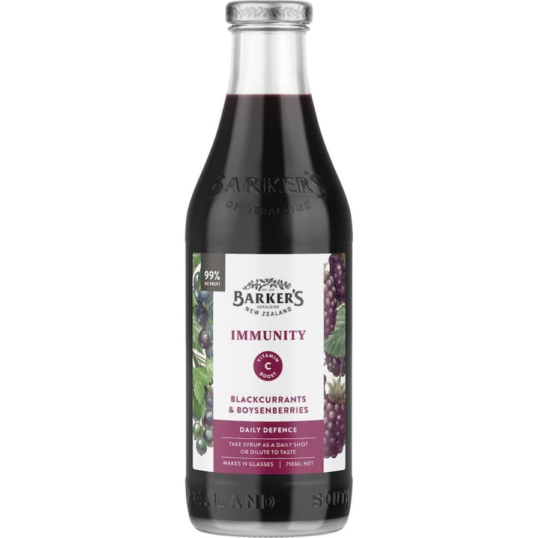 Blackcurrant & boysenberry syrup rich in antioxidants and vitamin C, crafted in New Zealand for immune support.