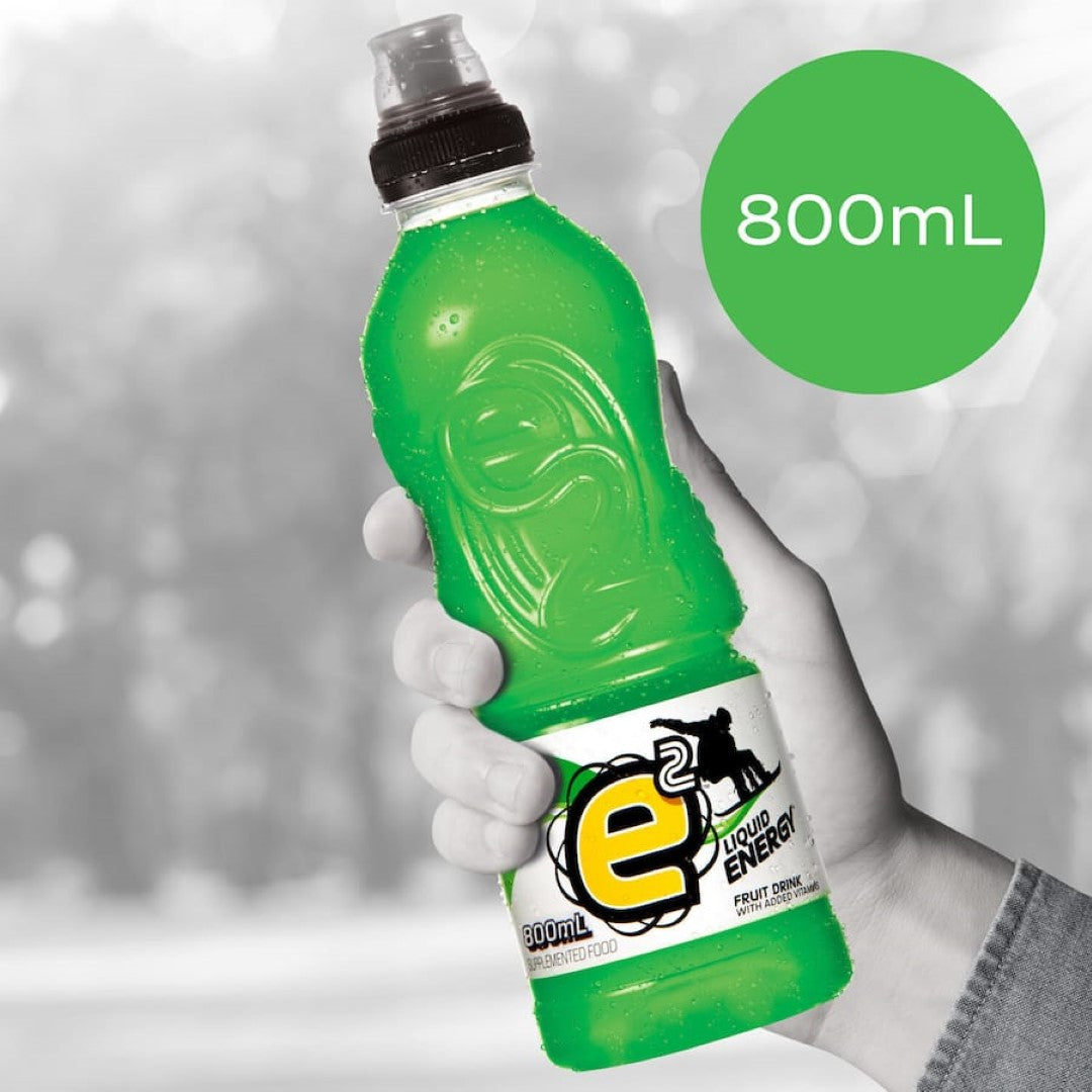 A bottle of E2 Sports Drink Mango, a non-carbonated beverage packed with vitamins and tropical mango flavor for hydration.