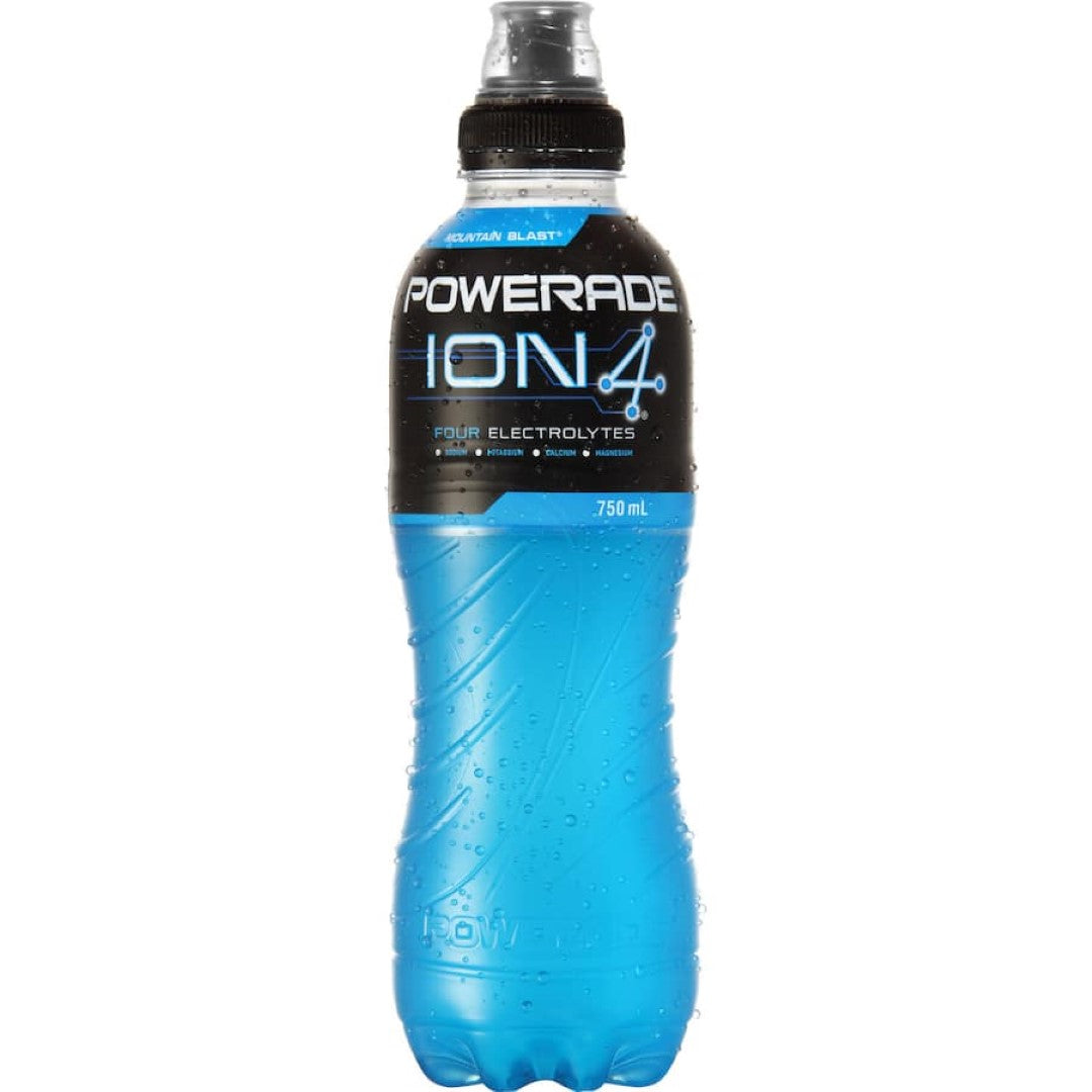 Sipper cap bottle of Powerade Sports Drink Mountain Blast, featuring essential electrolytes for hydration and energy.