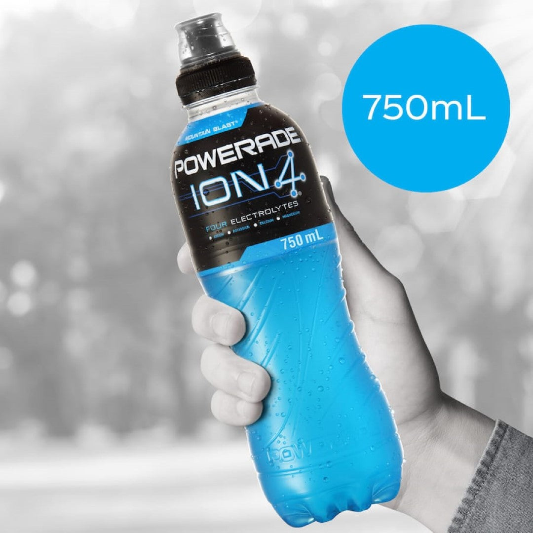 Powerade Mountain Blast sports drink bottle, featuring electrolytes for hydration and energy during workouts.