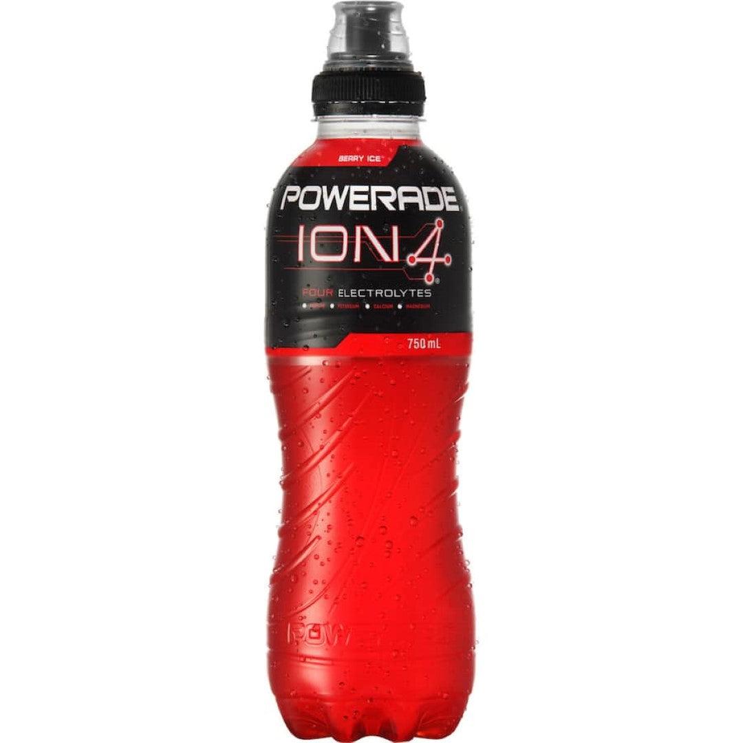 Powerade Berry Ice sports drink, enriched with electrolytes for hydration and energy, in a convenient sipper cap bottle.