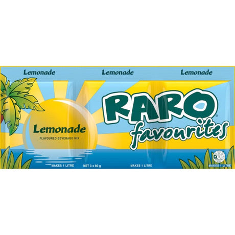 Raro Beverage Mix Lemonade pack featuring three 80g packets for refreshing, guilt-free summer hydration with Vitamin C.