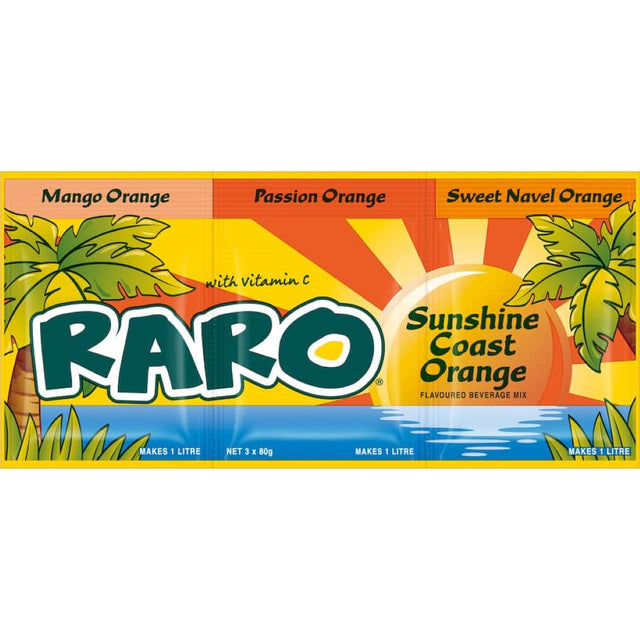 Vibrant Raro Sunshine Coast Orange beverage mix packet, ideal for refreshing summer drinks with mango and passion flavors.