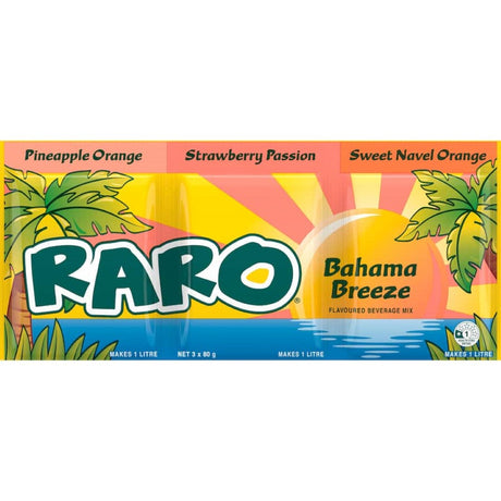 Tropical Raro Beverage Mix Bahama Breeze three-pack featuring Pineapple Orange, Strawberry Passion, and Sweet Navel Orange flavors.