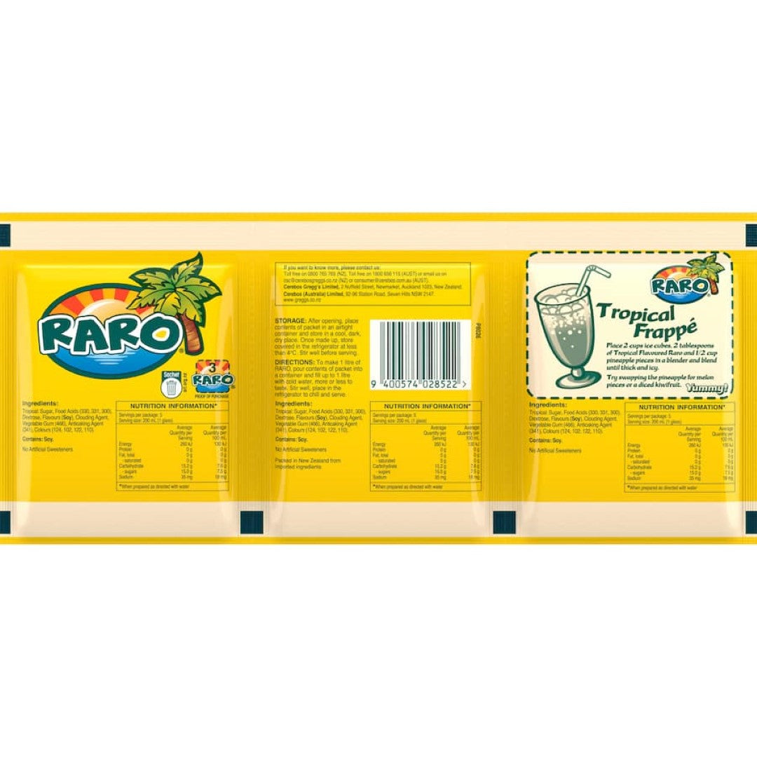 Raro Beverage Mix Tropical: three 80g packets for refreshing, natural tropical drinks, enhanced with Vitamin C and no artificial sweeteners.