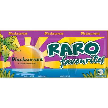 Raro Beverage Mix Blackcurrant three-pack, each 80g packet makes 1L of refreshing blackcurrant drink with Vitamin C.