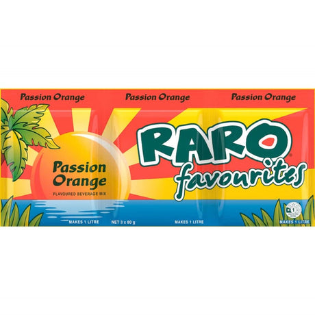 Raro Beverage Mix Passion Orange, an orange-flavored drink mix for refreshing summer beverages, easy to prepare with Vitamin C.