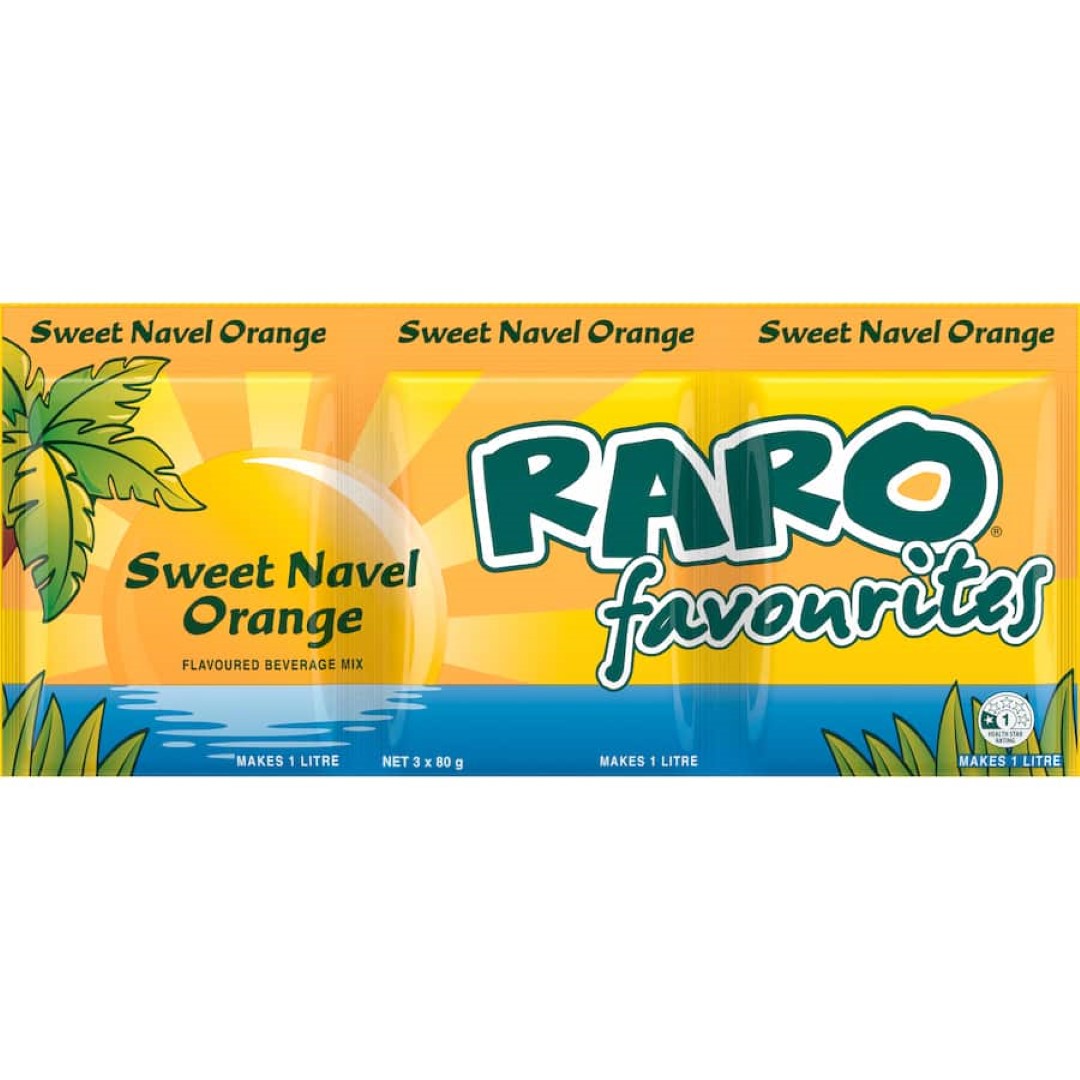 Raro Beverage Mix Sweet Navel Orange in a 3-pack, creating refreshing drinks and delicious desserts with vitamin C boost.