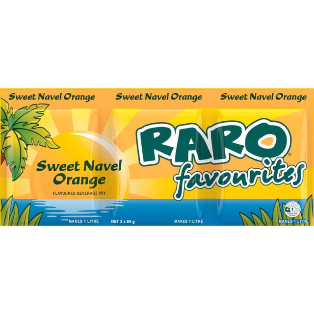 Raro Beverage Mix Sweet Navel Orange in a 3-pack, creating refreshing drinks and delicious desserts with vitamin C boost.