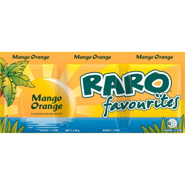 Raro Beverage Mix Mango Orange - a trio of 80g packets for making refreshing mango-orange drinks, enriched with vitamin C.