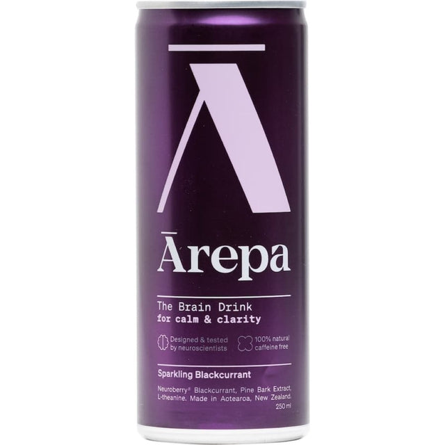 Arepa The Brain Fruit Drink in Blackcurrant flavor, promoting calmness, focus, and mental clarity for optimal cognitive performance.