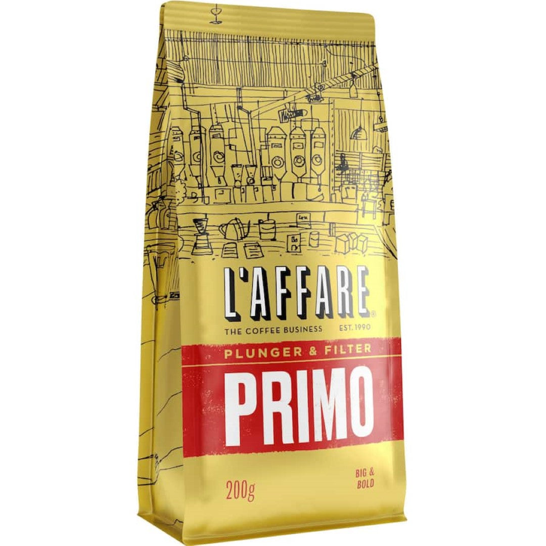 Caffe L'affare Plunger & Filter Grind Primo coffee, a bold blend from Africa and the Americas for an elevated coffee experience.