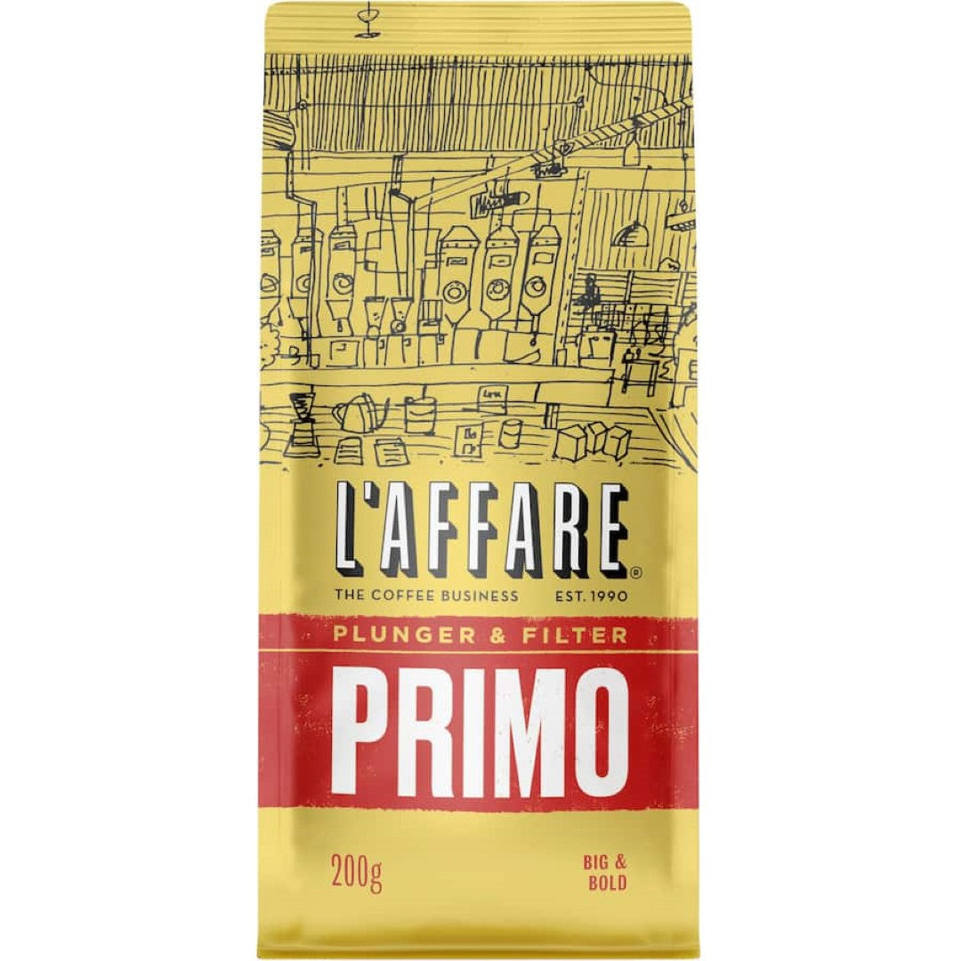 Caffe L'affare Plunger & Filter Grind Primo coffee blend featuring bold, complex flavors from Africa and the Americas.