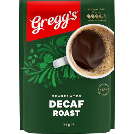 Greggs Granulated Instant Coffee Decaf Roast, rich flavor, quick to prepare, perfect for home or office use.