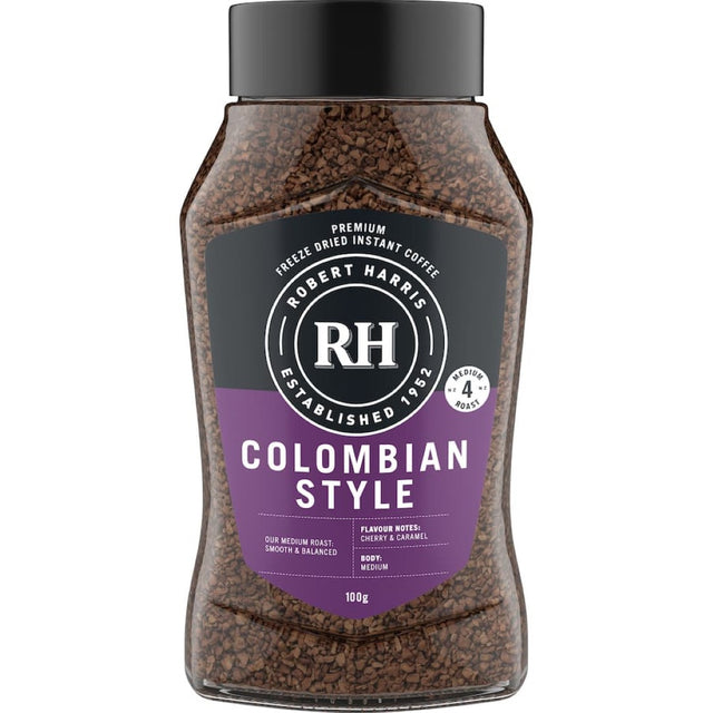 Robert Harris Freeze Dried Instant Colombian Coffee, featuring rich, smooth flavor and convenience for coffee lovers.