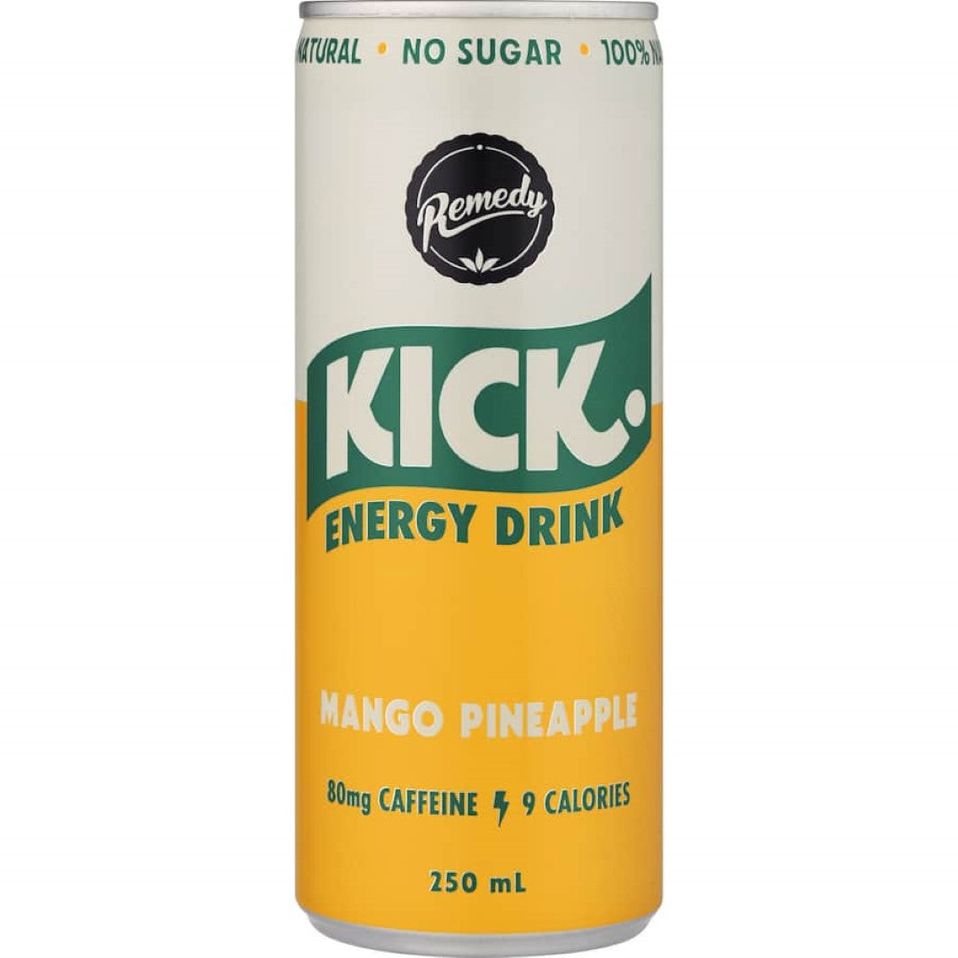 Refreshing Remedy Kick Kombucha with mango and pineapple flavors, promoting gut health with no added sugars.