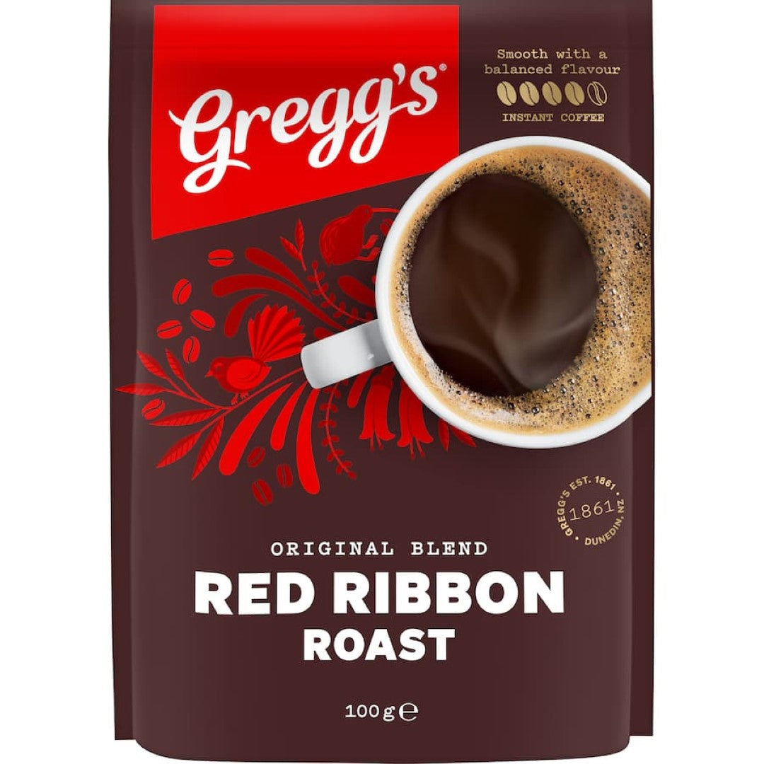 Greggs Powdered Instant Coffee Red Ribbon Roast in a 100g package, featuring rich flavor and aroma from imported beans.