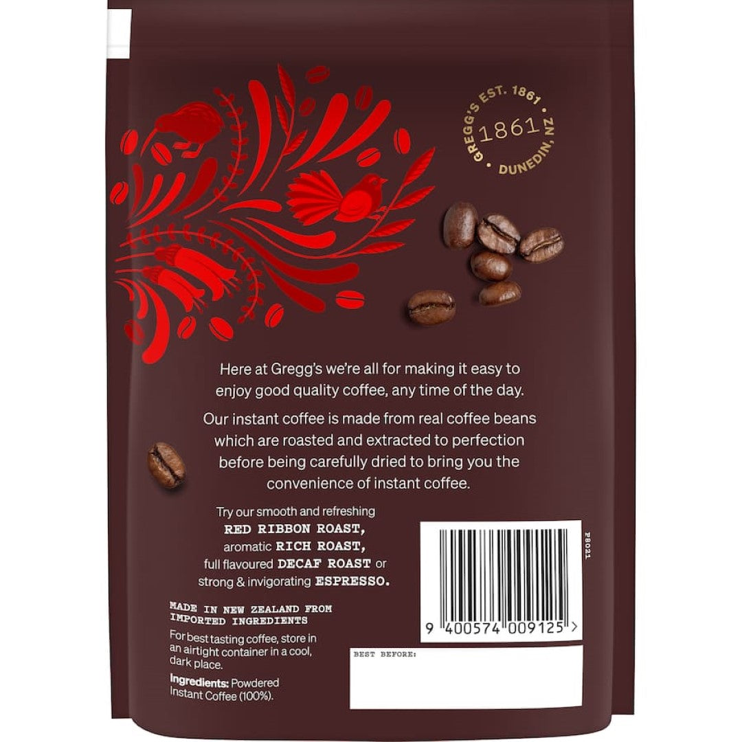 Greggs Powdered Instant Coffee Red Ribbon Roast, premium blend, rich flavor, 100g package, made in Dunedin from imported beans.