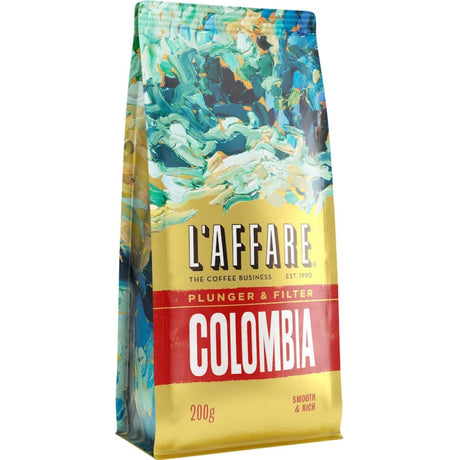 Caffe L'affare Plunger & Filter Grind Colombia coffee bag showcasing rich flavors of Colombian Excelso beans and toasted muesli notes.