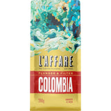 Caffe L'affare Plunger & Filter Grind Colombia coffee bag featuring rich Colombian Excelso beans and notes of toasted muesli.