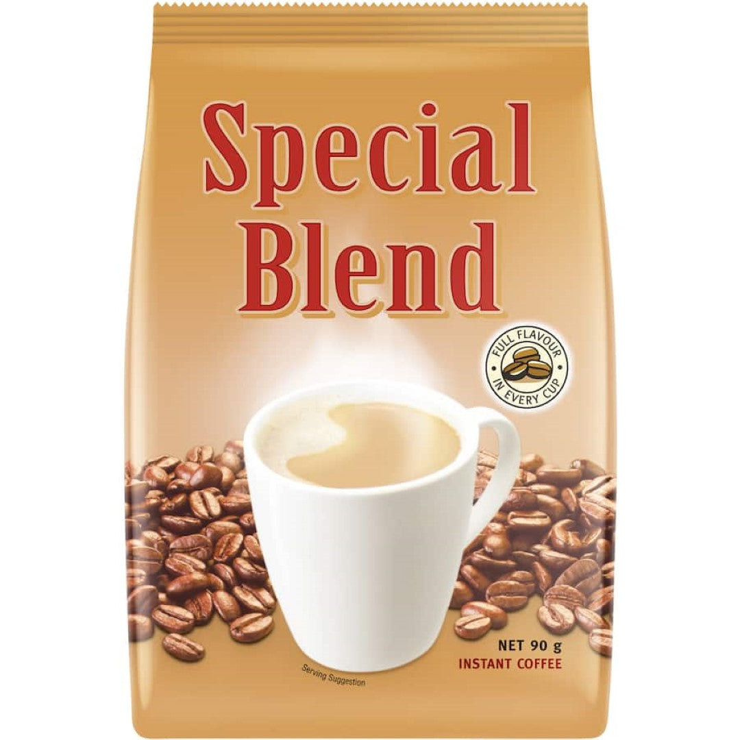 A steaming cup of Special Blend Powdered Instant Coffee showcasing rich flavor, perfect for quick, convenient enjoyment any time.