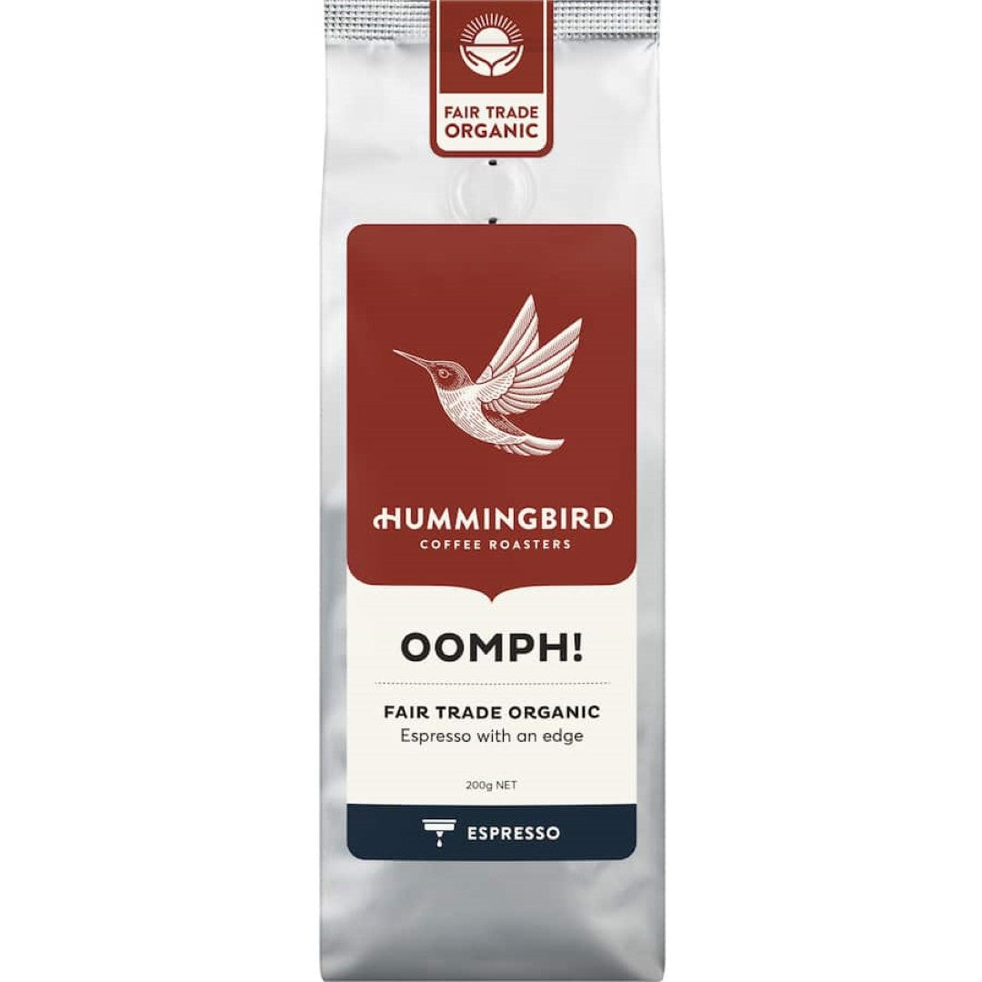 Hummingbird Fair Trade Organic Espresso Grind Coffee Oomph! features rich flavor, medium roast, and ethical sourcing in a 200g pack.