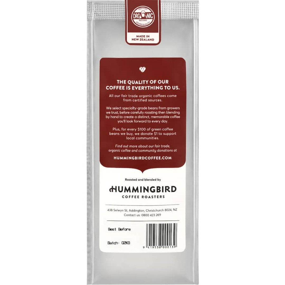 Hummingbird Fair Trade Organic Espresso Grind Coffee, medium roast with chocolate notes, ethically sourced and roasted in New Zealand.