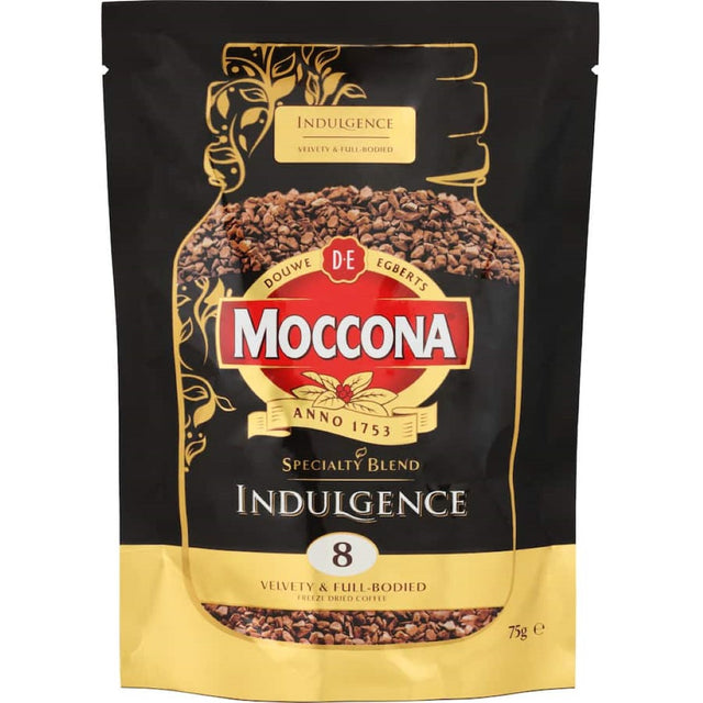 Moccona Specialty Blend Instant Freeze Dried Coffee offers rich dark roast flavor and smooth texture in a 75g pouch.