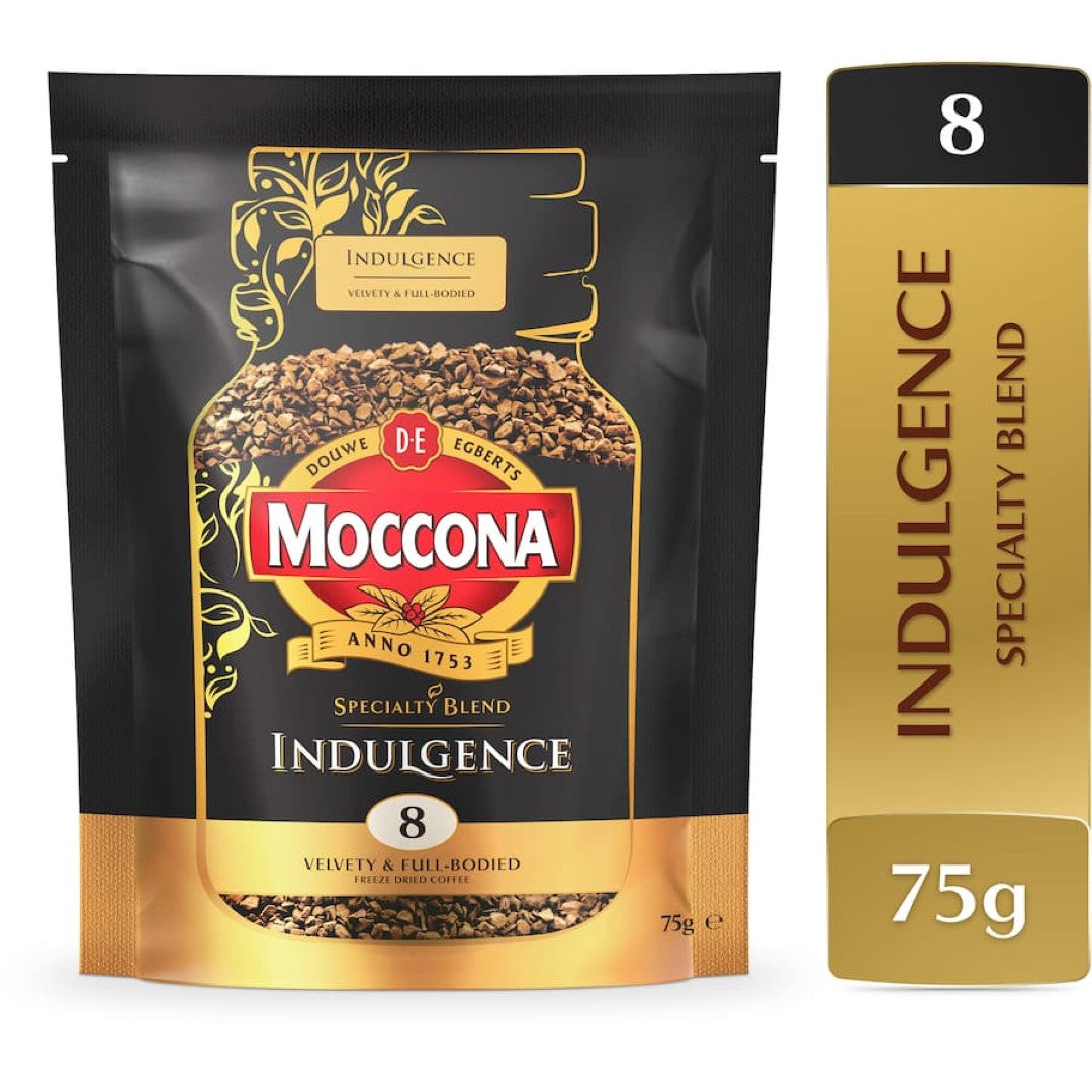 Moccona Specialty Blend freeze-dried coffee offers rich, velvety dark roast flavor with intensity level 8 in a 75g pouch.