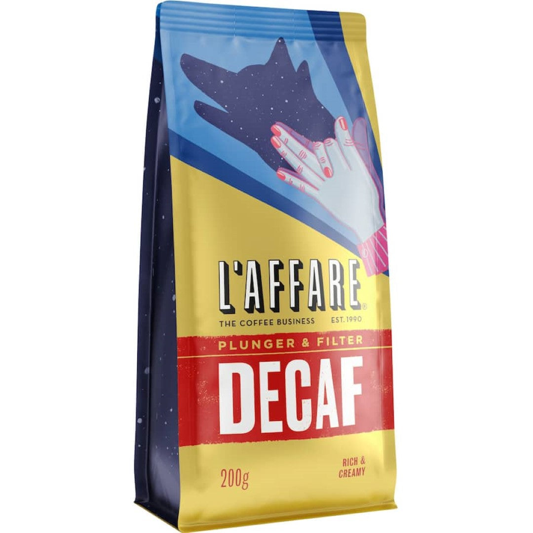 Rich decaf coffee featuring Central American beans with dark chocolate, molasses sweetness, and a hint of spice.