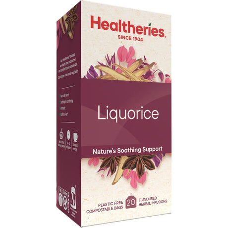 Luxurious Healtheries Herbal Tea Liquorice blend of sweet liquorice, aniseed, fennel, peppermint, and warm spices for soothing enjoyment.