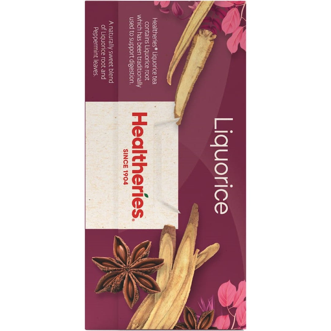 A soothing cup of Healtheries Herbal Tea Liquorice featuring sweet liquorice, aniseed, fennel, and hints of peppermint.