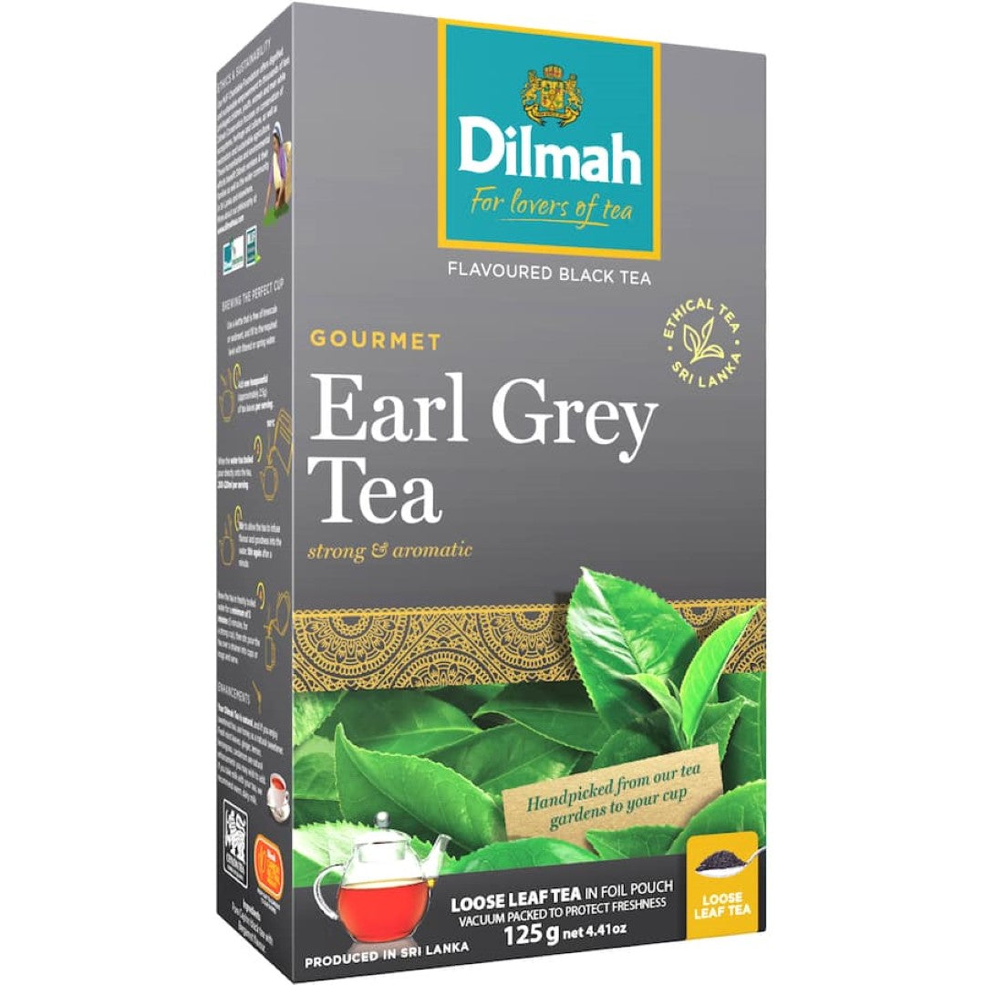 Dilmah Loose Leaf Earl Grey tea with bergamot, 125g vacuum-sealed bag, offering refined flavors and premium Ceylon quality.