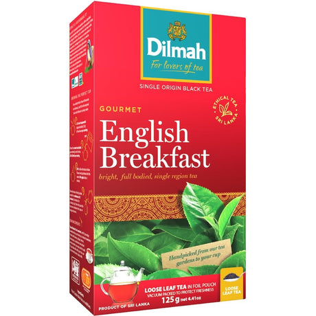 Dilmah Loose Leaf English Breakfast Tea, 125g vacuum-sealed package of pure Ceylon tea for a robust morning brew.