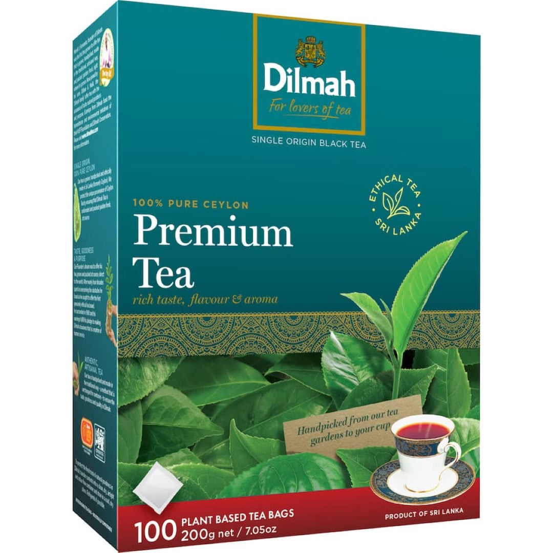 Premium Dilmah Tea Tagless: 100 pure Ceylon black tea bags sealed in foil for freshness, offering rich flavor and aroma.